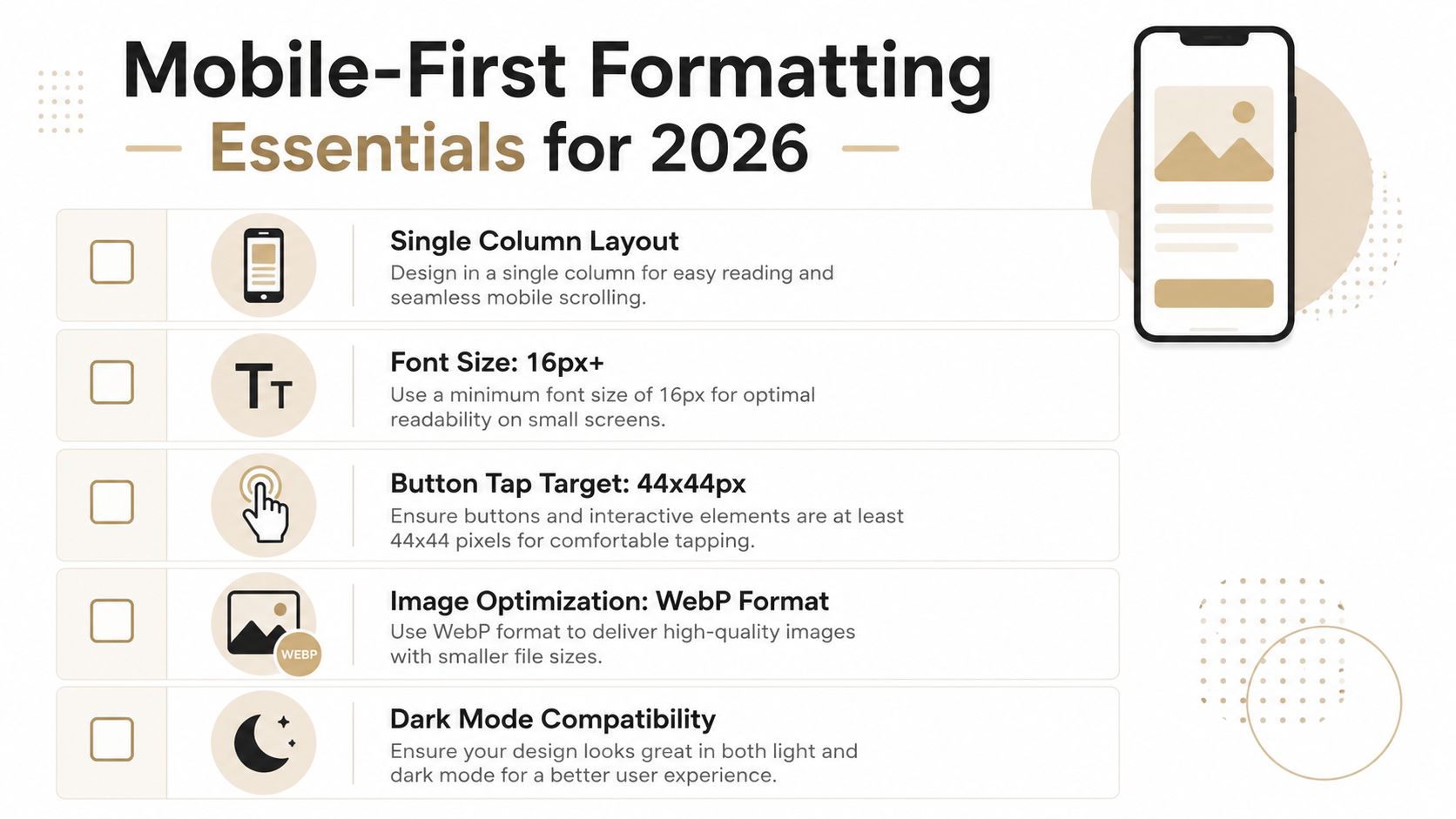 A checklist infographic illustrating essential mobile-first formatting principles for website design in 2026.