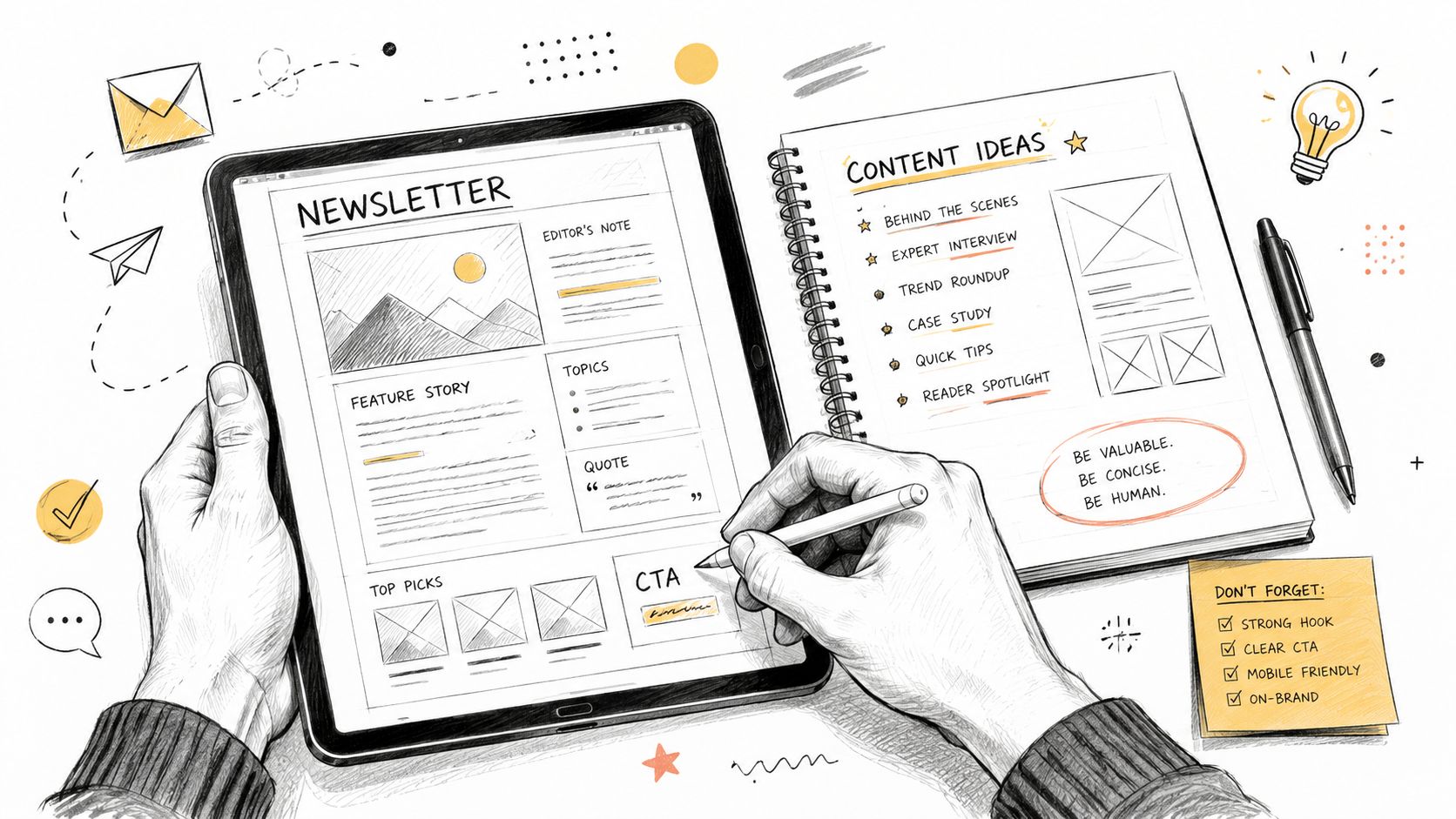 A hand drawing a newsletter design on a tablet next to a notepad with content ideas.